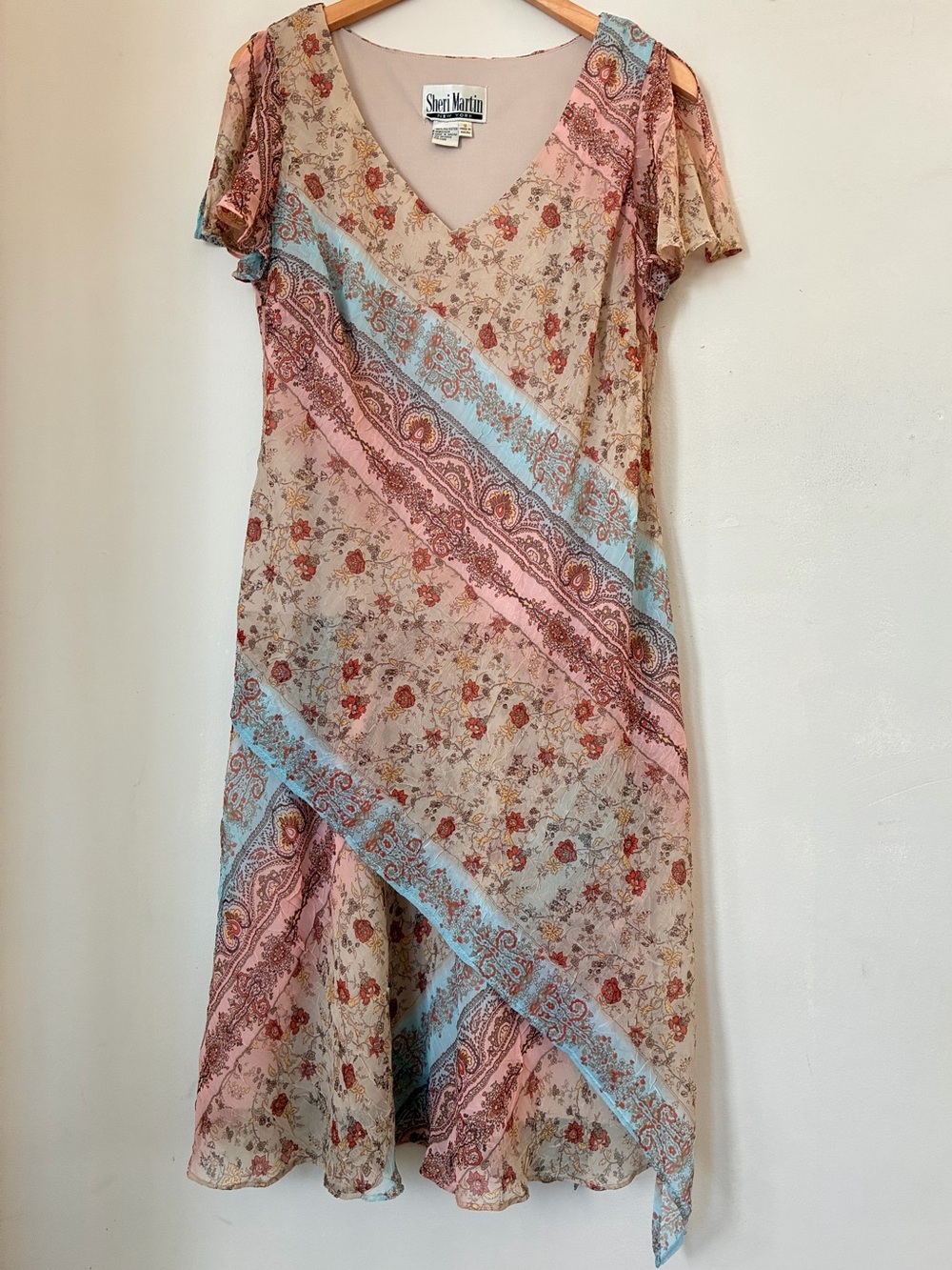 Sheri Martin Y2K Floral Paisley Fairycore Asymmetrical Midi Dress Pink Blue
